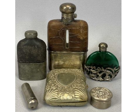  HALLMARKED SILVER &amp; WHITE METAL ACCESSORIES comprising a silver capped with silver cup leather and glass hip flask, Lond