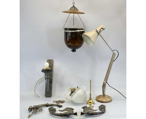 VINTAGE ANGLEPOISE DESK LAMP, amber glass bell shaped light fitting with cover, bronze single branch wall light fitting with 