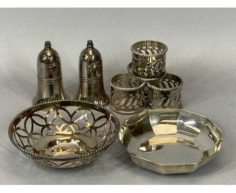 SMALL SILVER &amp; EPNS WARE GROUP comprising a ten-sided silver bowl, London 1984, maker C J Vander Ltd, 2.5cms H, 11cms dia