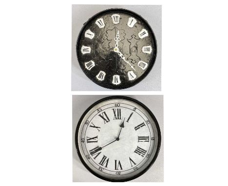 FRENCH CIRCULAR CAST IRON WALL CLOCK, 12-piece white enamel Roman numeral cartouche black dial, 22cms diam., and a modern cir