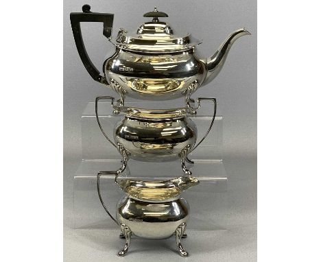 THREE-PIECE SILVER TEA SERVICE comprising teapot with ebonised handle and lid finial, 16.5cms overall H, 28cms across, sugar 