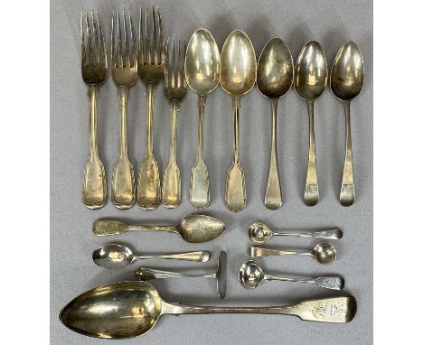 GEORGE III &amp; LATER SILVER FLATWARE, 24.1ozt gross, to include a tablespoon, London 1822, possibly William Johnson, 30cms 