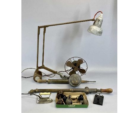 HOUSEHOLD &amp; GARDEN GOODS GROUP, including a Gilbert vintage desk fan, Admel clamp on anglepoise lamp, Mysto garden spraye