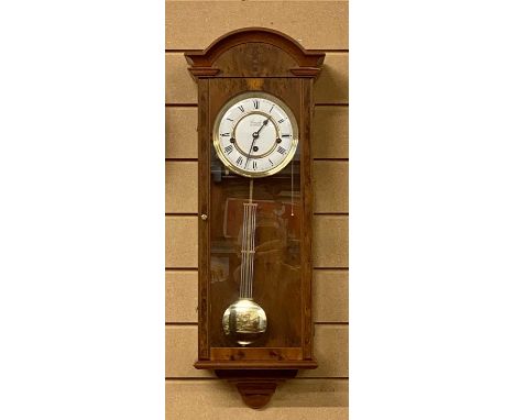 COMITTI OF LONDON CONTEMPORARY YEW CASED WALL CLOCK, white enamel and gilt metal dial with black Roman numerals, three-train 