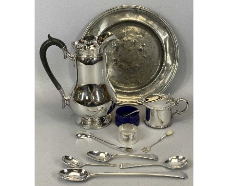 FIVE ITEMS OF HALLMARKED SILVER FLATWARE, circular pewter plate with touch-marks and a mixed quantity of EPNS ware, various h