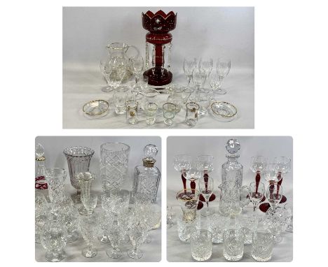 VICTORIAN &amp; LATER GLASSWARE to include a 36.5cms H ruby glass lustre with enamel floral decoration, celery and other vase