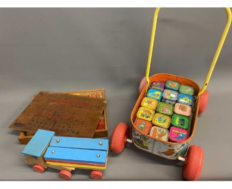 VINTAGE CHAD VALLEY TINPLATE CHILD'S NURSEY RHYMED PUSH ALONG CART WITH BLOCKS, Playmakers castle block set, and a small wood