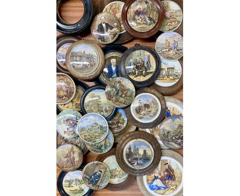 MID 19TH CENTURY PRATTWARE TRANSFER PRINTED POT LIDS, LARGE COLLECTION, many framedProvenance: deceased estate Gwynedd