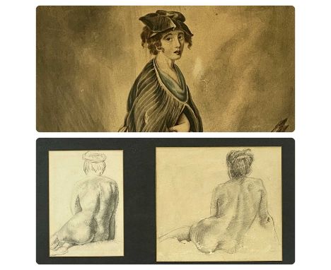 GEORGIAN STYLE watercolour - portrait of a lady, 54 x 38cms, together with two pencil studies of nudes (framed as one), 35 x 