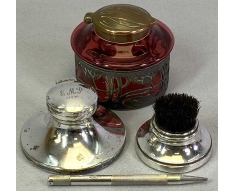 HALLMARKED SILVER &amp; EPNS DESKTOP ITEMS (3) - to include a propelling pencil, Birmingham 1952, maker W M Ltd, 12cms L, a c