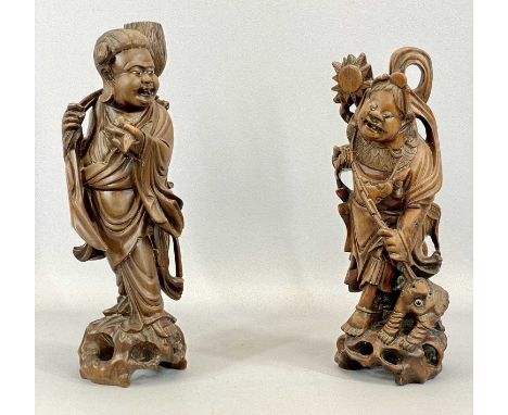 JAPANESE CARVED WOOD FIGURAL LAMP BASE, 34.5cms H, and another carved wood figure, 32cms HProvenance: deceased estate Cheshir