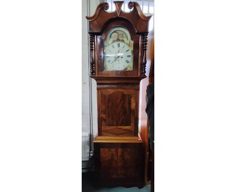 Tall antique long-case grandfather clock with hand-painted face, pendulum and key