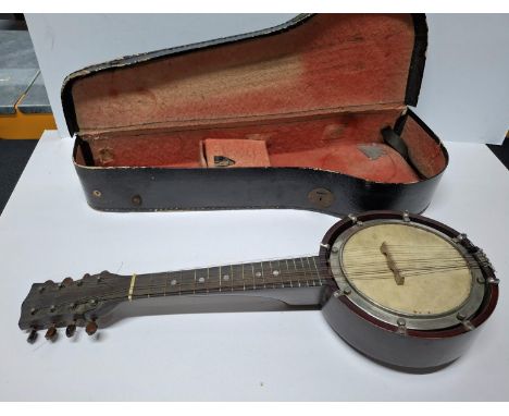 Early/mid 20thC Reliance 8-string banjolele in original carry case 