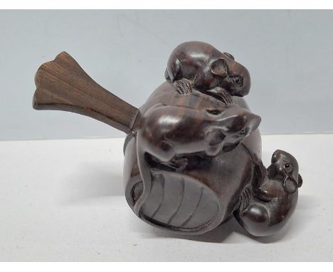 Stunning quality, antique hardwood netsuke of 3 Mice on a barrel