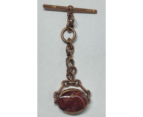 A hallmarked chunky 9ct. Rose Gold fob with Carnelion, short Albert chain and T-bar, 16.7 grams gross