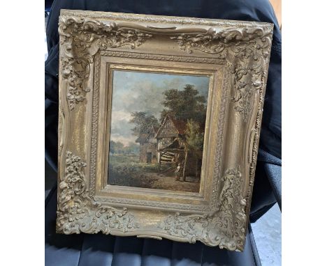 Mid/late 19thC oil on board, possibly indistinctly signed in the manner of John Constable depicting 2 peasant figures near a 