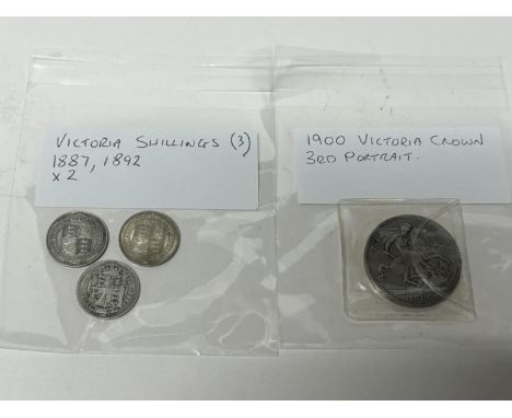 4 coins including 3 Victoria shillings 1887 and 2 from 1892 with 1900 Victoria crown 3rd Portrait 