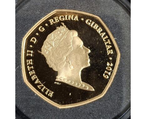 Gibraltar 2019 22ct gold limited edition (99) proof piedfort "Father Christmas" 50p produced by the Pobjoy Mint, in clear pla