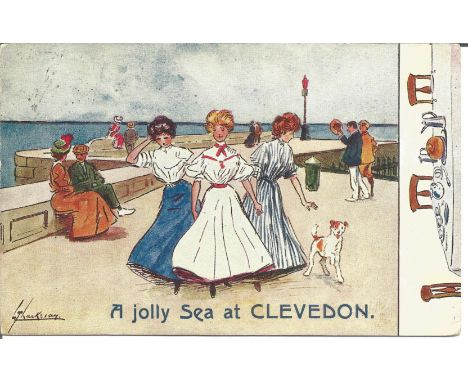 1908 franked Clevedon postcard. Raphael Tuck and sons on back. Front shows sketch by Thackery of 3 young ladies with caption 