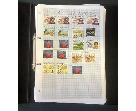 World stamp collection in ring binder. 50+ pages. Includes Singapore, Russia, Kenya, India, USA, France, Ireland, Italy and G