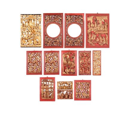 A collection of Chinese hook-carved red lacquer and gilt architectural panels, 19th century and later including a pair with c