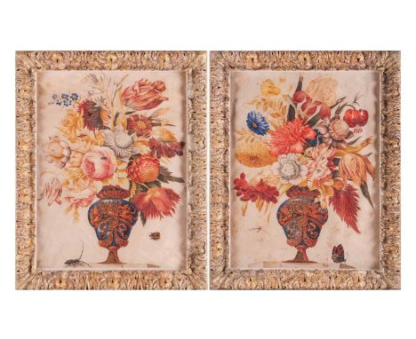 A pair of painted vellum panels depicting ornate vases of flowers with insects, possibly 17th century, 37 cm x 28 cm, in late