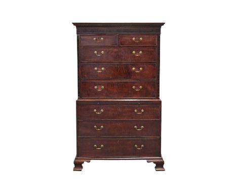 A Chippendale period, George III 'Plum-Pudding' mahogany chest on chest, the upper section with Greek key moulding to the cor