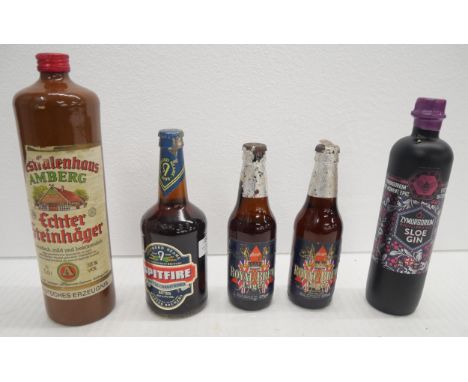 A collection of alcohol including Sloe gin Zymirgorium, Royal Brew Lager, Spitfire bitter and a German beer  **PLEASE NOTE TH