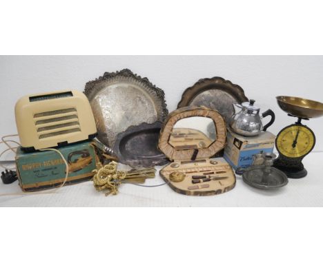Assorted items to include Morphy Richards iron, Swan hot water jug, KB radio Bakelite, pewter candlestick, nail/beauty set, t