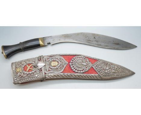 A white metal mounted Gurkha Kukri knife, with receipt and Goldsmiths receipt, together with white metal Gurkha cufflinks and