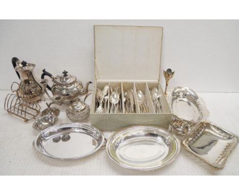 A collection of silverplate to include various, cutlery sets (examples Mappin + Webb &amp; Viners), coffe pot, teapot, sugar 