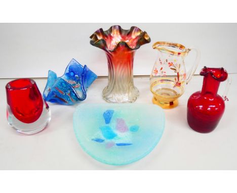 Six items of glass including Cornish glassmaker Jo Downs handkerchief vase and a ruby glass vase
