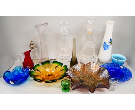A collection of glassware including carnival glass, a blue Murano dish, other coloured, etc. *Not for Posting and Packing*