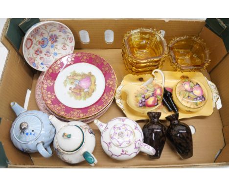 A pair of studio glass vases, Aynsley Orchard Gold three piece set, a set of six amber glass dishes, three tea pots including