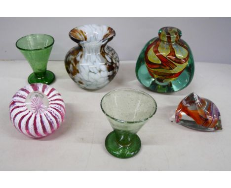 A Mdina tiger pattern vase, one other Medina vase, Phoenician glass paperweight, one other two green glasses