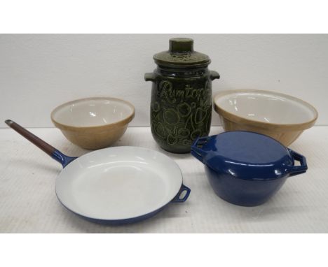 Vintage 1960s kitchen ware including; Large Nacco (Denmark) Cast Iron enamelled cookware, large W.German pottery Rumtopf, two