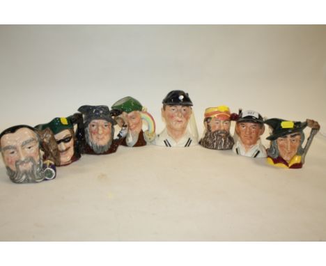 EIGHT ROYAL DOULTON CHARACTER JUGS - MERLIN, PIED PIPER, RIP VAN WINKLE, LEPRECHAUN, THE HAMPSHIRE CRICKETER, W.G GRACE, LEN 