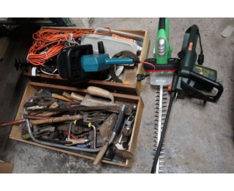 TWO TRAYS OF POWER TOOLS AND HAND TOOLS ETC