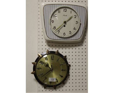 A RETRO CERAMIC WALL CLOCK BY MAUTHE, TOGETHER WITH A METAMEC EXAMPLE (2) 