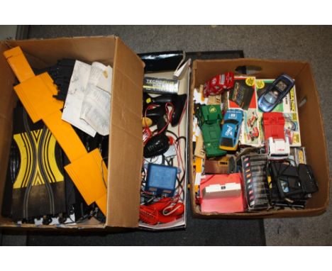 THREE BOXES OF VINTAGE SCALEXTRIC &amp;  ACCESSORIES TO INCLUDE CARS, TRACK, TRANSFORMERS ETC