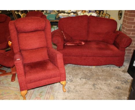 A SMALL UPHOLSTERED DROP ARM SOFA &amp; SIMILAR ARMCHAIR