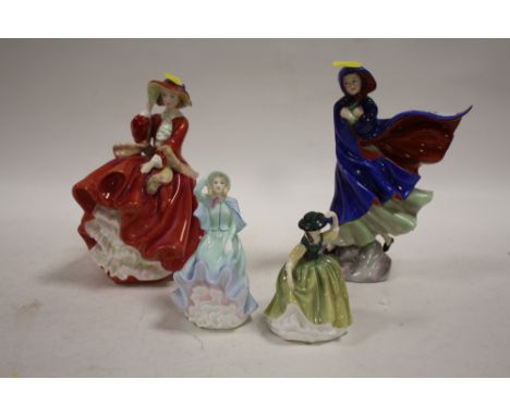 A ROYAL DOULTON MAY FIGURE, TOGETHER WITH TOP O THE HILL AND TWO SMALLER CERAMIC LADY FIGURES (4) 
