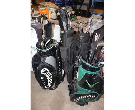FOUR GOLFING CADDY BAGS PLUS A SELECTION OF CLUBS TO INCLUDE PERFECT, NIKE, ODYSSEY, CALLAWAY, SLAZENGER ETC
