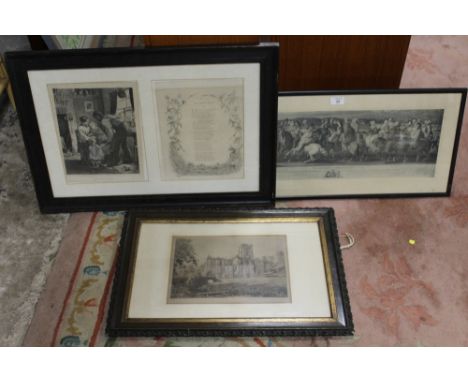 TWO FRAMED AND GLAZED ENGRAVINGS - 'THE SICK CHILD' AND 'PILGRIMAGE TO CANTERBURY', TOGETHER WITH AN ETCHING OF FOUNTAINS ABB