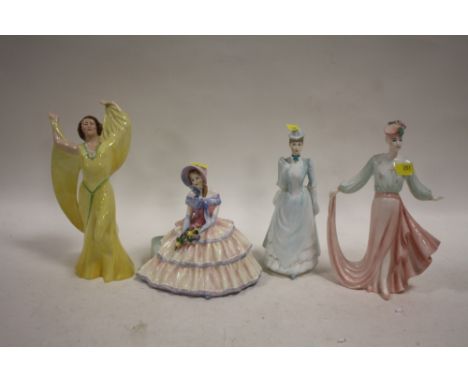 FOUR ASSORTED CERAMIC LADY FIGURES COMPRISING OF ROYAL DOULTON DAYDREAMS, COALPORT DINNER AT EIGHT, COALPORT CHERYL AND A GIB