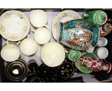 TWO TRAYS OF ASSORTED CHINA AND CERAMICS TO INCLUDE GOEBEL FIGURES, GRAFTON CHINA, ORIENTAL TEA SET ETC. 