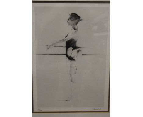 R. HEINDEL - A FRAMED AND GLAZED SIGNED LIMITED EDITION PRINT OF A BALLERINA 237/500 53CM X 42CM  