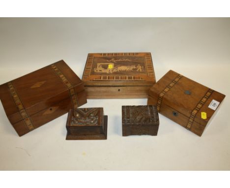 THREE INLAID TREEN TRINKET BOXES, TOGETHER WITH A SMALLER MAORI STYLE EXAMPLE AND ANOTHER  (5) 
