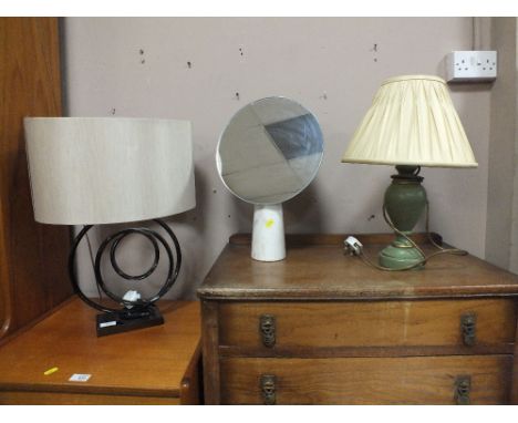 A MODERN TABLE LAMP AND SHADE TOGETHER WITH ANOTHER LAMP AND AN OLIVER BONAS DRESSING TABLE MIRROR S/D (3)