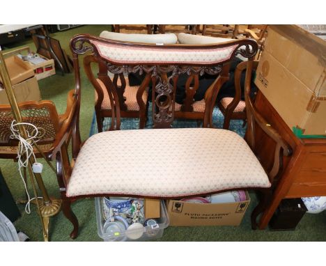 Edwardian Show frame Upholstered Mahogany framed sofa with carved pierced back on cabriole legs 
